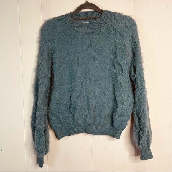 Urban Outfitters Sweet as a Peach Fuzzy Eyelash Mock Neck Sweater Turquoise - Picture 1 of 4